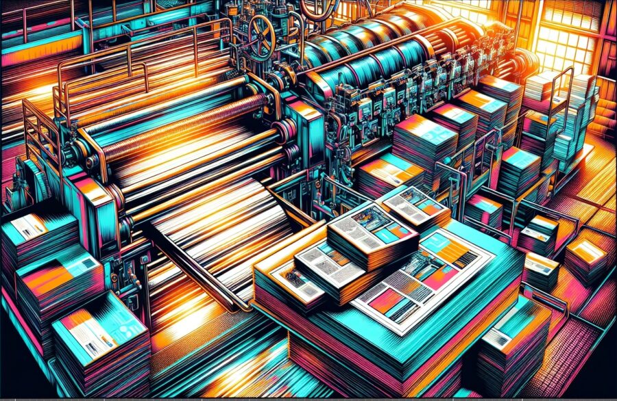 Colorful digital illustration of a commercial offset printing press in action, surrounded by stacks of printed sheets, rollers, and industrial machinery, with vibrant CMYK tones and dramatic lighting emphasizing the scale and complexity of print production.